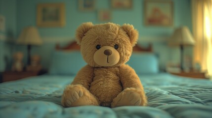 Adorable teddy bear sitting on a bed in a cozy blue bedroom