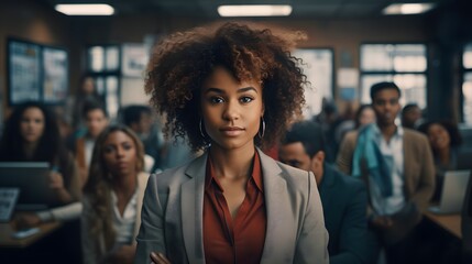 An empowered and stylish mixed race businesswoman exudes confidence as she stands tall, her curly hair framing her beaming smile, dressed in a sleek brown suit and blue shirt, her folded arms - obrazy, fototapety, plakaty