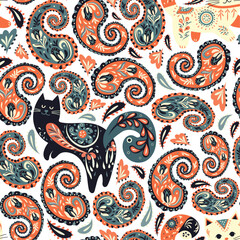 Paisley ornament pattern, colorful, interesting, cats
