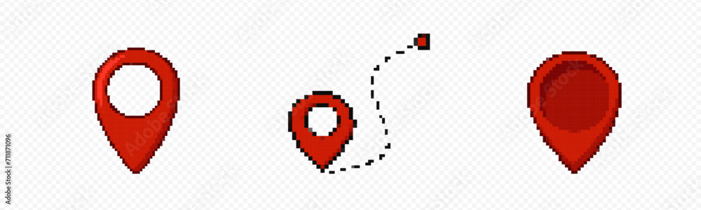 Poster red pixel web map pointer set. direction and 8bit waypoint symbol with position navigation and globa