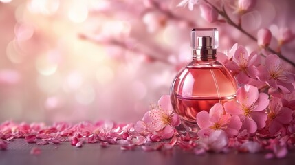 Luxurious and modern perfume background with copy space, showcasing an elegant glass bottle against an appealing backdrop for a feminine touch.

