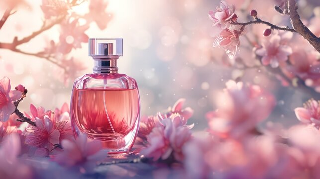 Perfume background with copy space, featuring a luxurious, feminine, elegant, and modern glass bottle set against an appealing backdrop