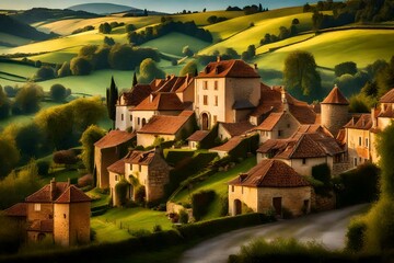 A breathtaking European countryside bathed in the soft glow of morning light, rolling hills and...