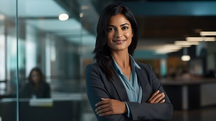 A confident asian indian businesswoman stands tall, her curly hair framing her determined smile as she crosses her arms in her stylish office