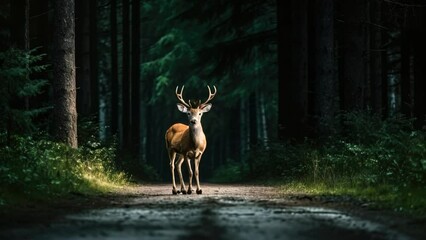 Deer standing on the road near forest at early morning or evening time. Road hazards, wildlife and transport.