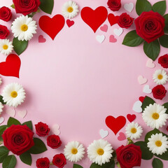 Top view of red roses and daisies with red hearts on a pink background. Valentine's Day. February 14, love