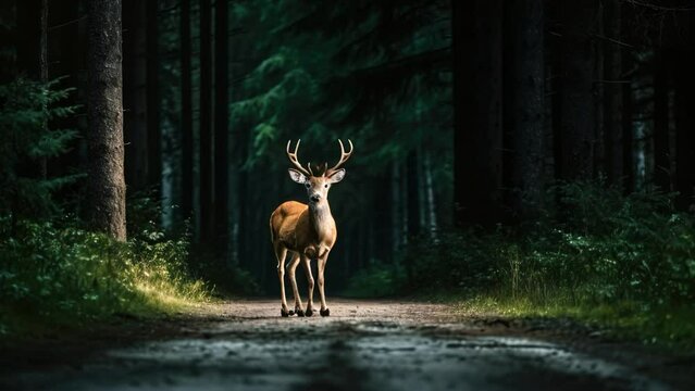 Deer standing on the road near forest at early morning or evening time. Road hazards, wildlife and transport.