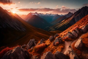 An intimate view of a European mountain range, its peaks kissed by the rosy hues of sunset