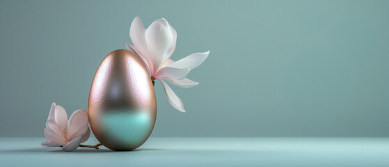 Sliver Easter egg and flowers close up on simple gray background. Minimalistic spring banner with empty space for text. Design for Easter promotion, web, advertising