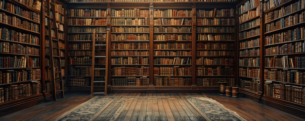 old books in a room that looks like an old library, in the style of detailed texture - obrazy, fototapety, plakaty