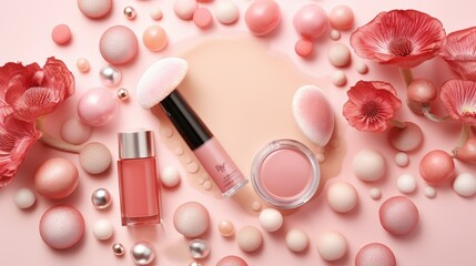 Flatly composition of beauty cosmetic product - brush, powder and mushroom on pink background, skincare trend, cosmetic mushrooms, organic eco friendly product Mushroom-Based Cosmeceutical Formulation