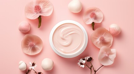 Flatly composition of jar with skin care cream and mushrooms. Mushroom-Based Cosmeceutical Formulations. Skincare trend. Natural organic beauty cosmetic product with fungi. Mycocosmetic