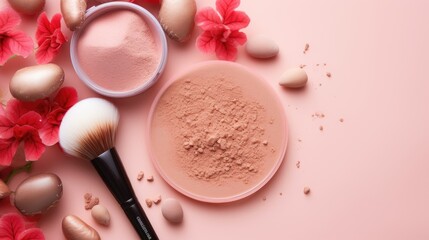 Flatly composition of beauty cosmetic product - brush, powder and mushroom on pink background, skincare trend, cosmetic mushrooms, organic eco friendly product Mushroom-Based Cosmeceutical Formulation - obrazy, fototapety, plakaty