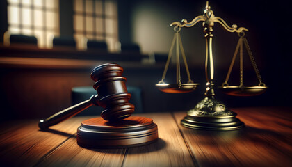 A judge's gavel and a scale on the wooden table in a courtroom