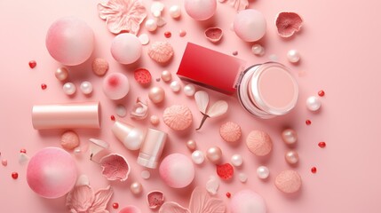 Flatly composition of beauty cosmetic product  and mushroom on pink background, skincare trend, cosmetic mushrooms, organic eco friendly product Mushroom-Based Cosmeceutical Formulation