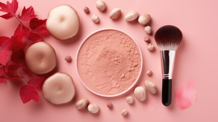 Obraz na płótnie Canvas Flatly composition of beauty cosmetic product - brush, powder and mushroom on pink background, skincare trend, cosmetic mushrooms, organic eco friendly product Mushroom-Based Cosmeceutical Formulation