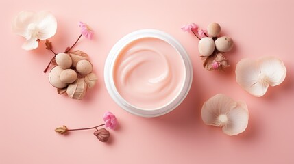 Obraz na płótnie Canvas Flatly composition of beauty cosmetic product and mushroom on pink background, skincare trend, cosmetic mushrooms, organic eco friendly product Mushroom-Based Cosmeceutical Formulation