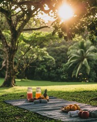 Fototapeta premium Tranquil Picnic Setup in a Lush Green Park at Sunset