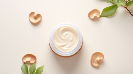 Flatly composition of jar with skin care cream and mushrooms. Mushroom-Based Cosmeceutical Formulations. Skincare trend. Natural organic beauty cosmetic product with fungi. Mycocosmetic