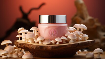 Concept of mushroom beauty cosmetic with mushroom fungi.  Sustainable. Green cosmetic. Natural mushroom based cosmetics. Fungi mushroom skincare ingredient
