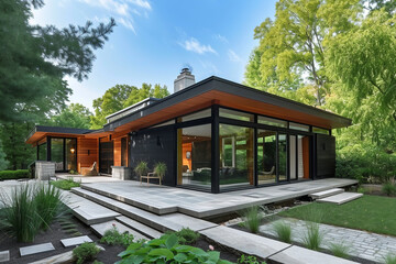 Large modern cottage with large windows, terrace, landscape design, scandinavian style