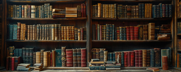 old books in a room that looks like an old library, in the style of detailed texture