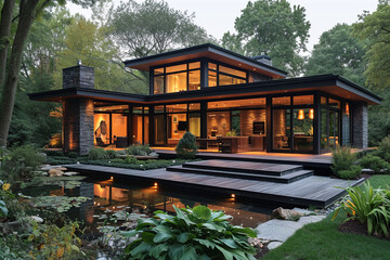 Obraz premium Large modern cottage with large windows, terrace, landscape design, scandinavian style