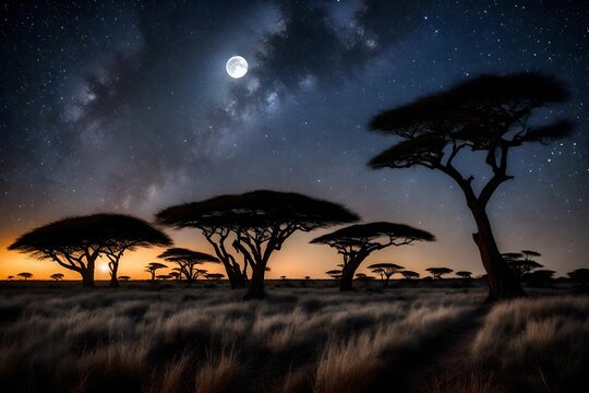 image of a starlit night over the African savannah, with silhouettes of acacia trees against the vast, moonlit sky