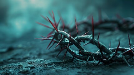 crown of thorns of christ covered in blood blood on the ground - obrazy, fototapety, plakaty