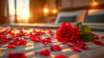 Red rose Place on a clean white bed. And a red rose petals strewn around. - obrazy, fototapety, plakaty
