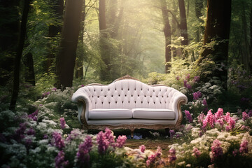 empty luxury sofa in the middle of a forest with flowers, romantic soft focus and ethereal light
