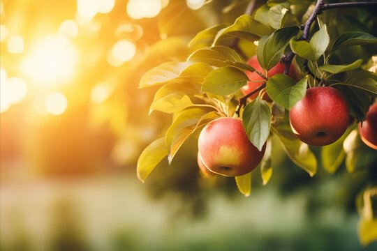 Branch With Natural Apples On Blurred Background Of Apple Orchard In Golden Hour. Concept Organic, Local, Season Fruits And Harvesting