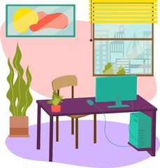 Home office with computer on desk, indoor plants, modern art on wall, city view outside window. Freelancer's workspace with no people vector illustration.