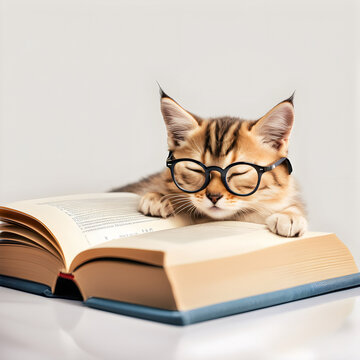 A cute cat wearing glasses is sleeping on top of a book on a simple background