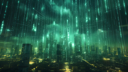 a futuristic city composed of glowing digital structures, symbolizing a network of sensitive data and information systems