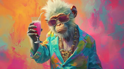 Fashionable anthropomorphic hyperrealistic male monkey character making cheers with refreshing cocktail dressed in a flamboyant colorful jacket. Fantasy creature concept - obrazy, fototapety, plakaty