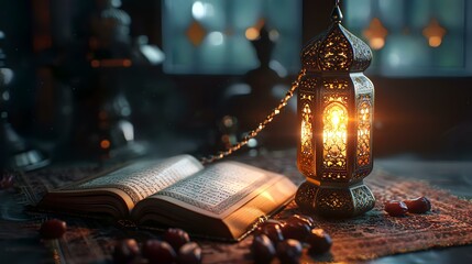 Lantern with rosary and open book. Ramadan Kareem background - obrazy, fototapety, plakaty