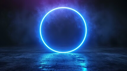 Neon circle. Glowing circle in a dark room with smoke and fog. 3D rendering