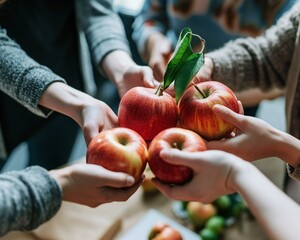 Collaborative Hands Sharing Fresh Apples - Community Spirit