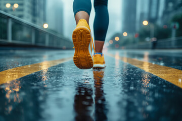 Active runner in yellow sneakers on a rainy urban street, embodying fitness perseverance and healthy lifestyle despite weather challenges - obrazy, fototapety, plakaty