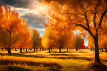  picturesque simplicity of an American orchard during the fall season, with trees adorned in vibrant autumn colors under the soft glow of sunlight © Zain