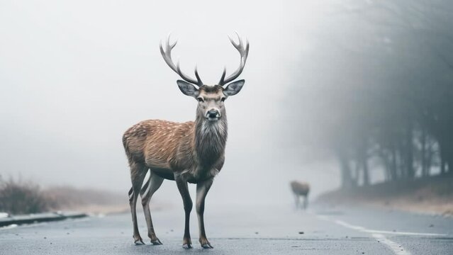 Deer standing on the road near the forest on a misty, foggy morning. Road hazards, wildlife and transport