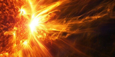 A dynamic and fiery solar flare bursts with intense energy, radiating heat and light against the dark backdrop of space.