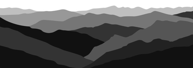 Black and white mountainous landscape background. Natural abstract stone hills silhouettes with mountain ranges and vector rocks