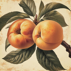 Ripe peach fruits ready to harvest hanging from tree, vintage style illustration
