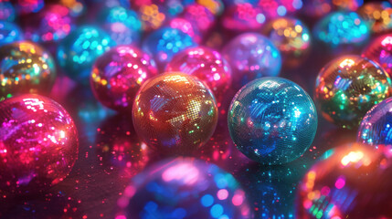 Sparkling disco balls reflecting festive lights, perfect for music festival visuals.