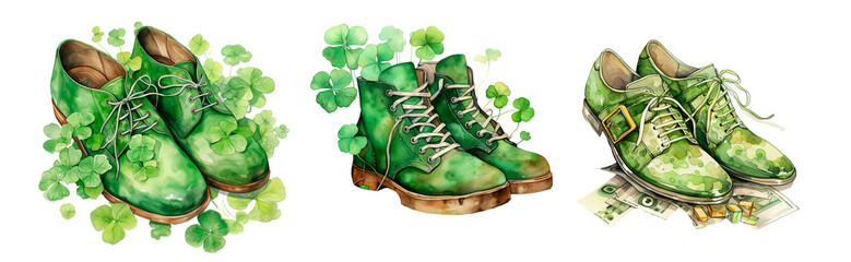 Magic leprechaun shoes with money. St. Patrick's Day decor. Clipart on a transparent background - obrazy, fototapety, plakaty