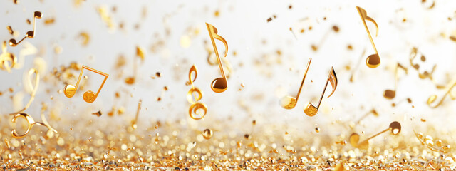 Golden music notes shimmering, capturing the rhythm of a street festival.