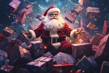 santa claus in his workshop opening christmas gifts