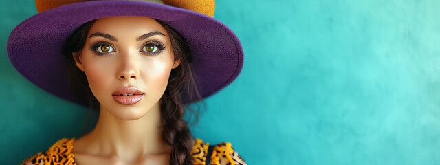 Mystical Elegance, A Visionary Woman Adorned in a Purple Hat and a Leopard Print Shirt